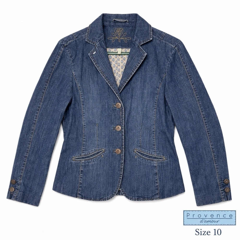 Provence d'Amour Women's Size 10 Denim Blazer Jacket Rose Embroidered Stretch